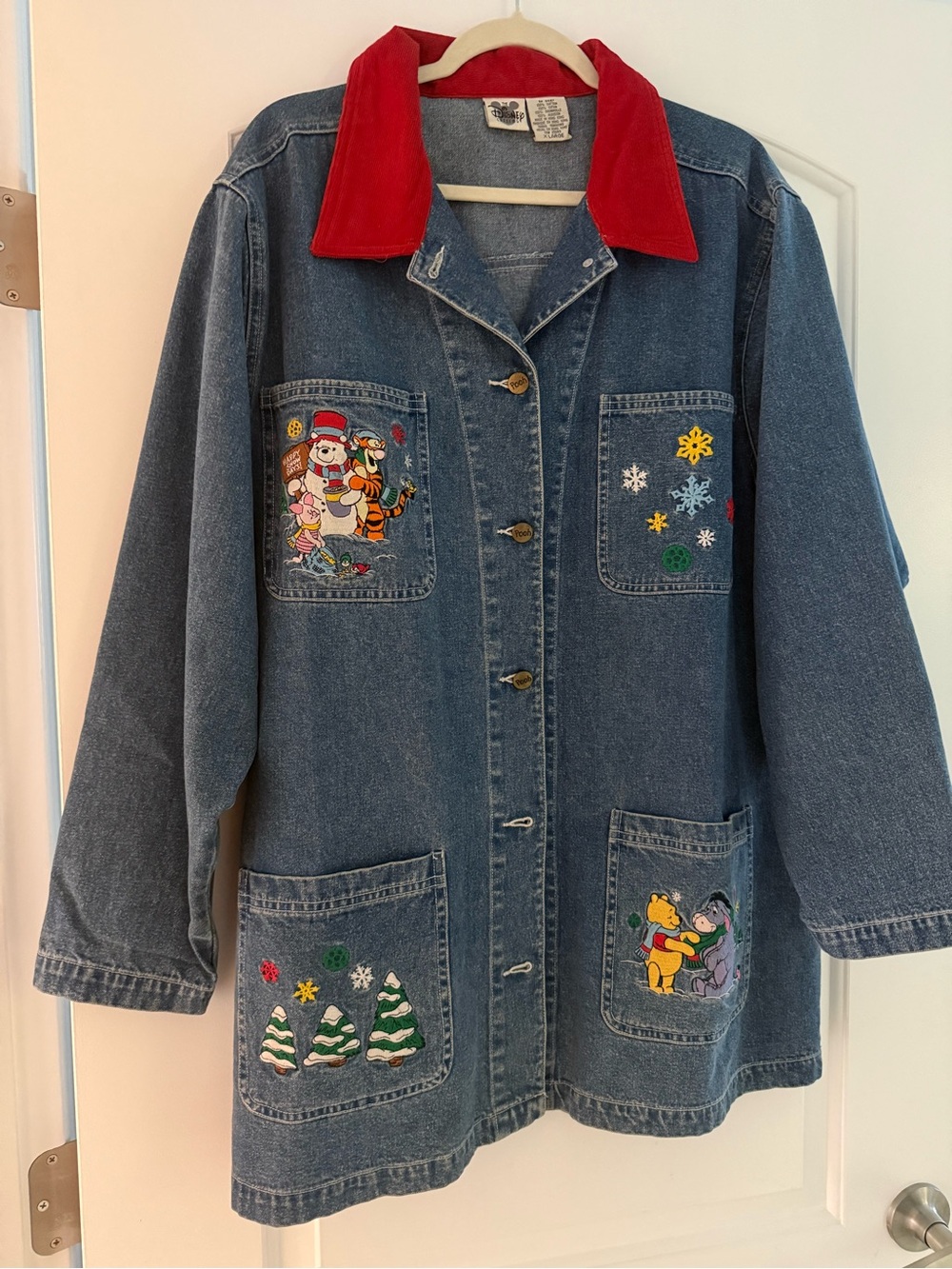 Vintage Disney Winnie The Pooh Holiday Christmas Denim Jacket XL